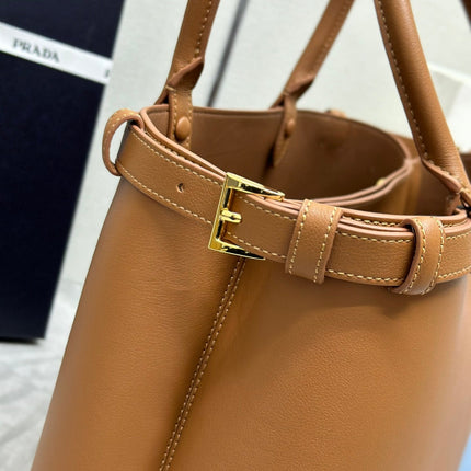 PRADA 25S BUCKLE MEDIUM HANDBAG 35 IN DARK CARAMEL CALFSKIN GOLD HARDWRE
