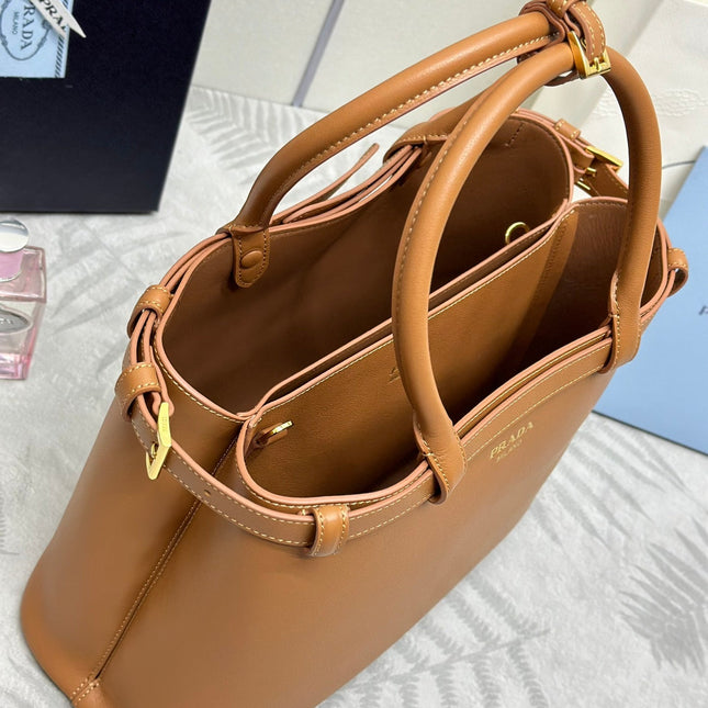 PRADA 25S BUCKLE MEDIUM HANDBAG 35 IN DARK CARAMEL CALFSKIN GOLD HARDWRE