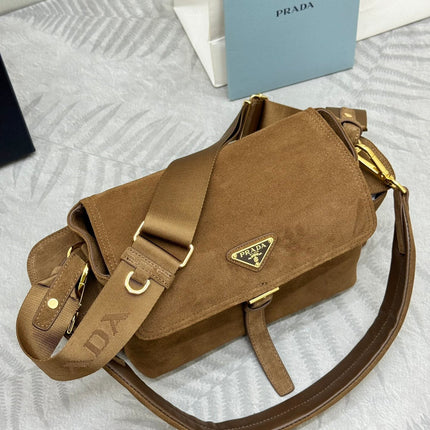 PRADA 25S EXPLORE MEDIUM SHOULDER BAG 30 IN CINNAMON SUEDE WITH FLAP
