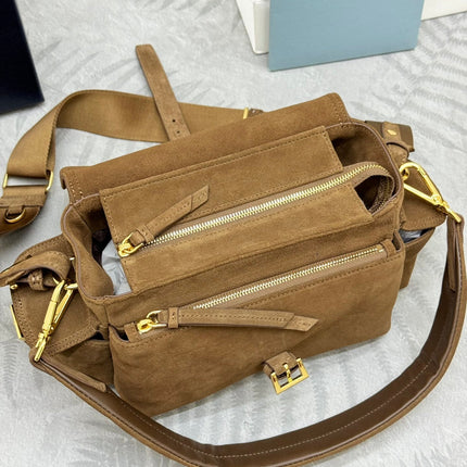 PRADA 25S EXPLORE MEDIUM SHOULDER BAG 30 IN CINNAMON SUEDE WITH FLAP