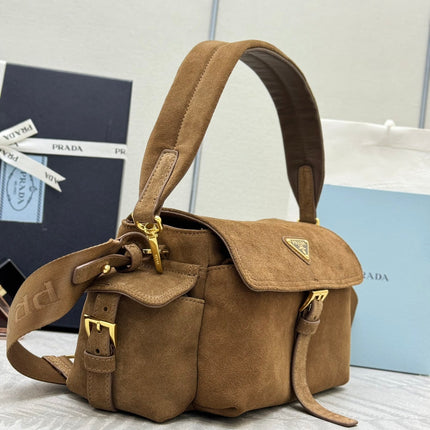PRADA 25S EXPLORE MEDIUM SHOULDER BAG 30 IN CINNAMON SUEDE WITH FLAP