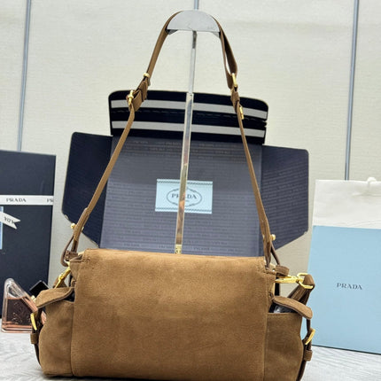 PRADA 25S EXPLORE MEDIUM SHOULDER BAG 30 IN CINNAMON SUEDE WITH FLAP