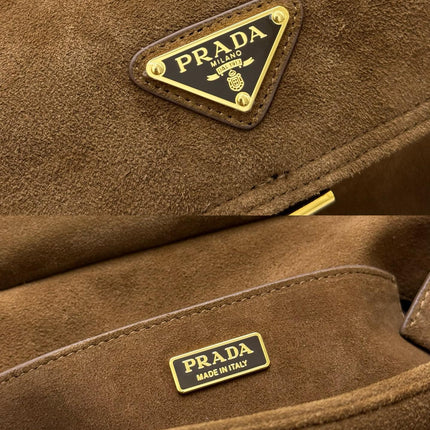 PRADA 25S EXPLORE MEDIUM SHOULDER BAG 30 IN CINNAMON SUEDE WITH FLAP