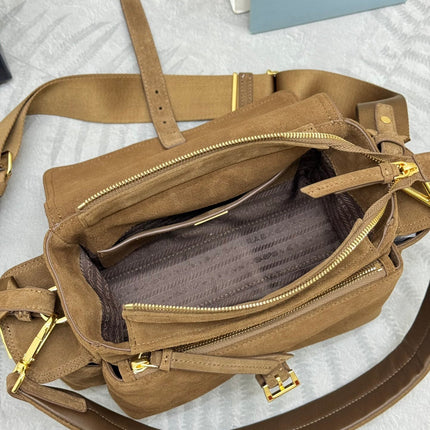 PRADA 25S EXPLORE MEDIUM SHOULDER BAG 30 IN CINNAMON SUEDE WITH FLAP