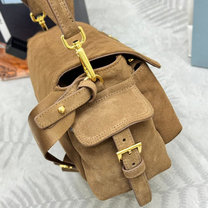 PRADA 25S EXPLORE MEDIUM SHOULDER BAG 30 IN CINNAMON SUEDE WITH FLAP