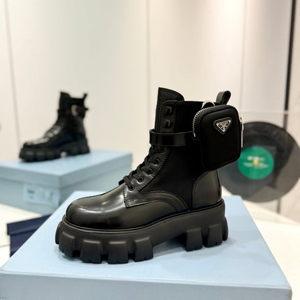 PRA MONOLITH BRUSHED AND RE-NYLON BOOTS WITH POUCH BLACK CALFSKIN