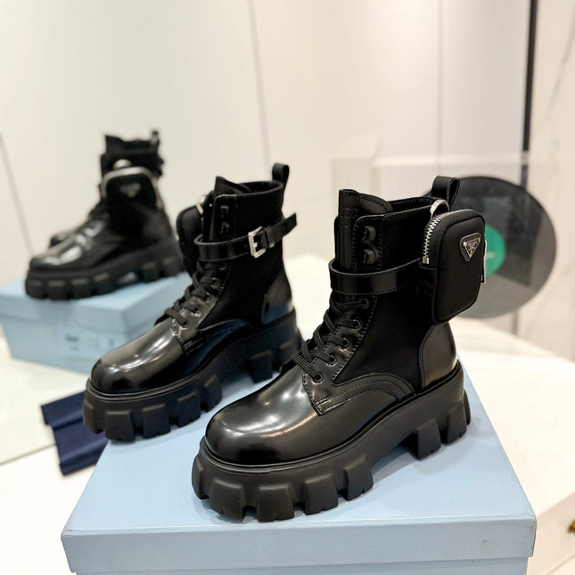 PRA MONOLITH BRUSHED AND RE-NYLON BOOTS WITH POUCH BLACK CALFSKIN