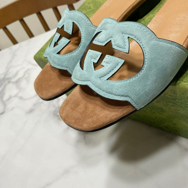 INTERLOCKING G SLIDE SANDAL IN MORNING BLUE SUEDE AND BROWN SHEEPSKIN LINING