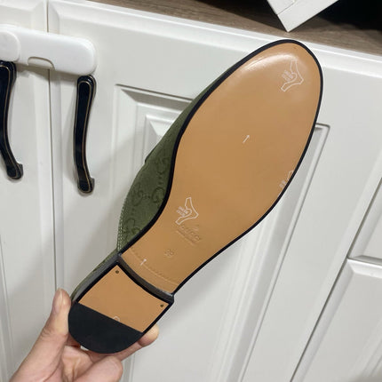 GG MULES IN MOSS GREEN FABRIC GOLD HARD WARE