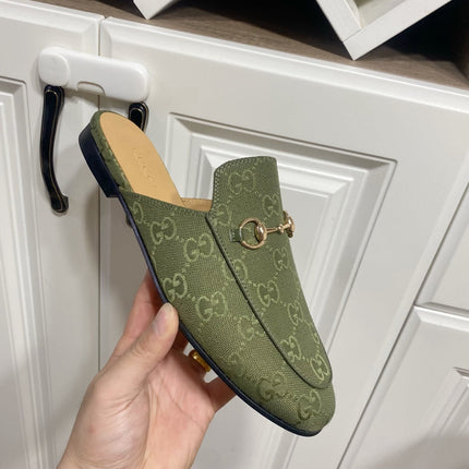 GG MULES IN MOSS GREEN FABRIC GOLD HARD WARE