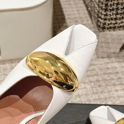 ALAIA SPIKE JEWEL MULES IN WHITE CALFSKIN WITH GOLD HARDWARE