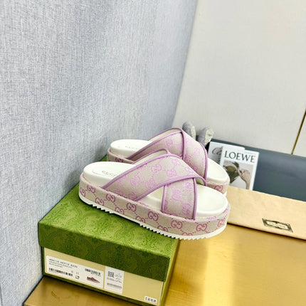 GG SLIDE SANDAL PASTEL PINK CANVAS CROSS STRAPS