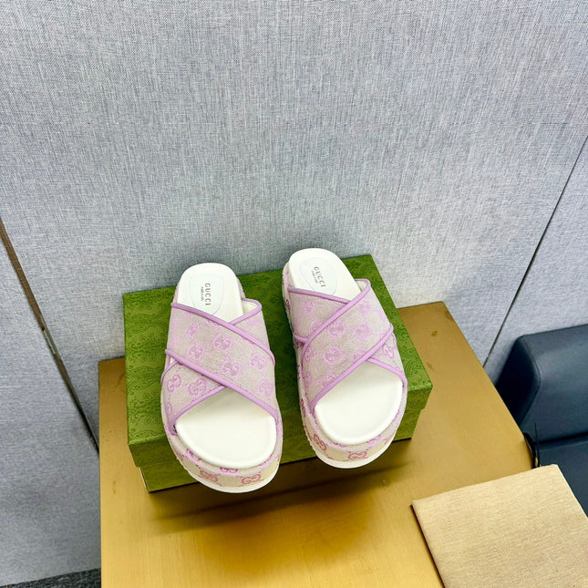 GG SLIDE SANDAL PASTEL PINK CANVAS CROSS STRAPS