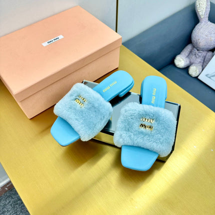 SKY BLUE SLIPPERS LAMB FUR