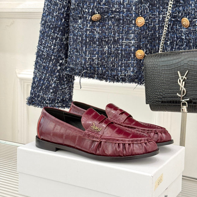 YSL 25S LOAFERS IN DARK RED EMBOSSED LAMBSKIN