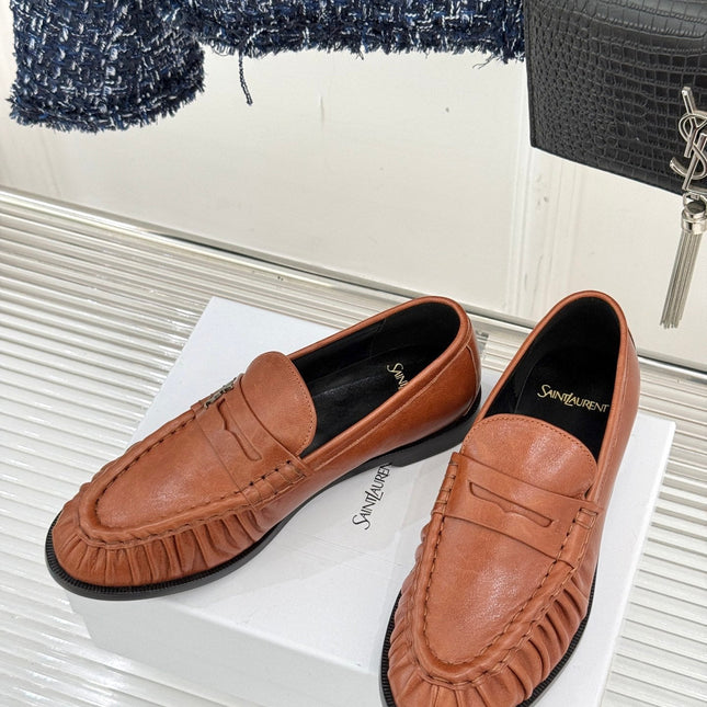YSL 25S LOAFERS IN BURNT ORANGE BROWN LAMBSKIN