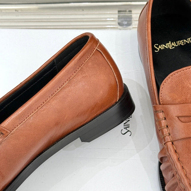 YSL 25S LOAFERS IN BURNT ORANGE BROWN LAMBSKIN