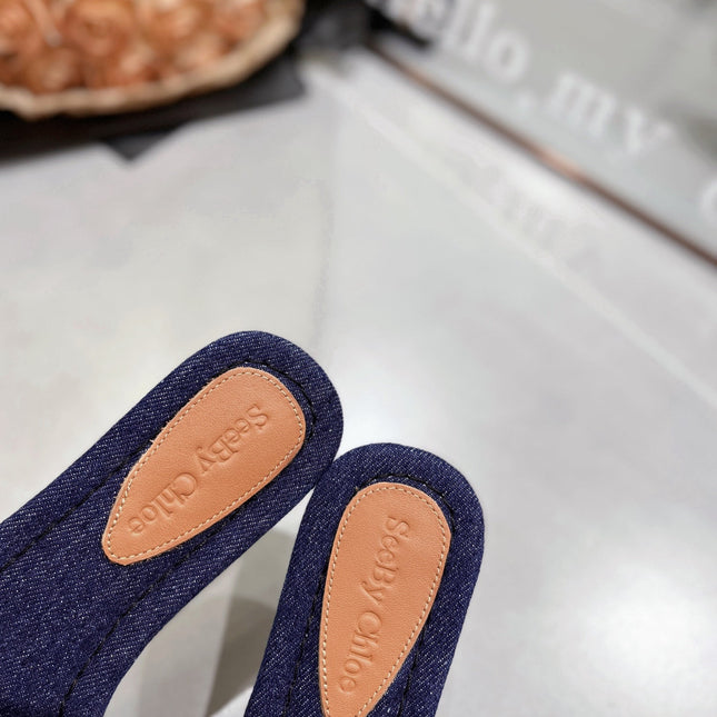 SLIDE MULE IN NAVY BLUE DENIM AND BROWN CALFSKIN GOLD HARDWARE