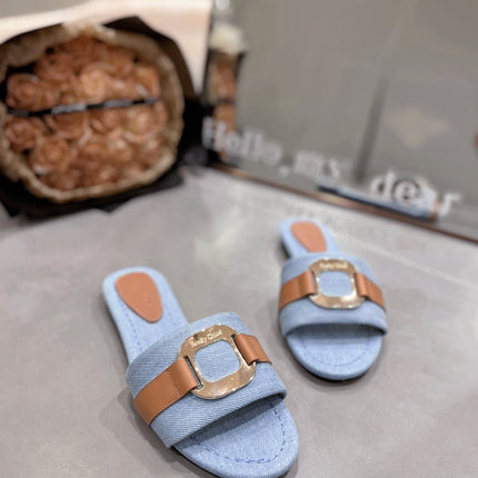 CHLOÉ SLIDE MULE IN LIGHT BLUE DENIM AND BROWN CALFSKIN GOLD HARDWARE