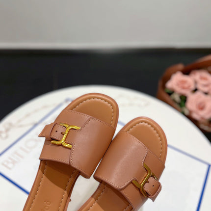 CHLOÉ HLOE MARCIE SLIDE IN BRONZE BROWN CALFSKIN WITH GOLD HARDWARE