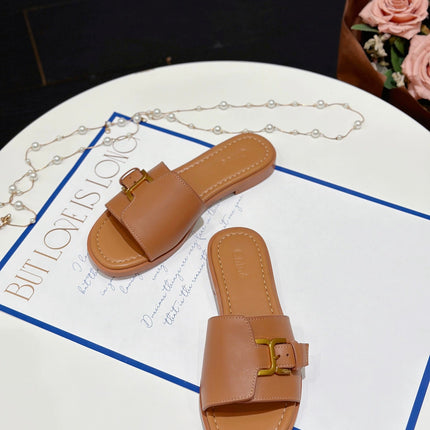 CHLOÉ HLOE MARCIE SLIDE IN BRONZE BROWN CALFSKIN WITH GOLD HARDWARE