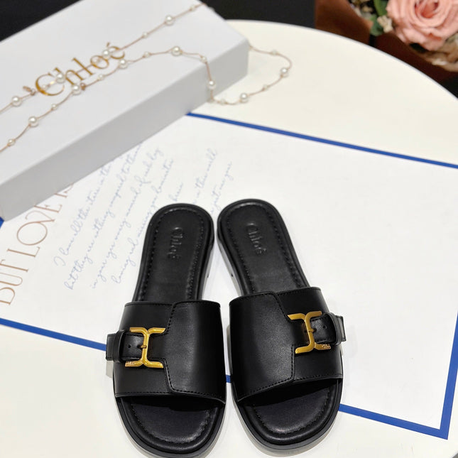 MARCIE SLIDE IN BLACK CALFSKIN WITH GOLD HARDWARE
