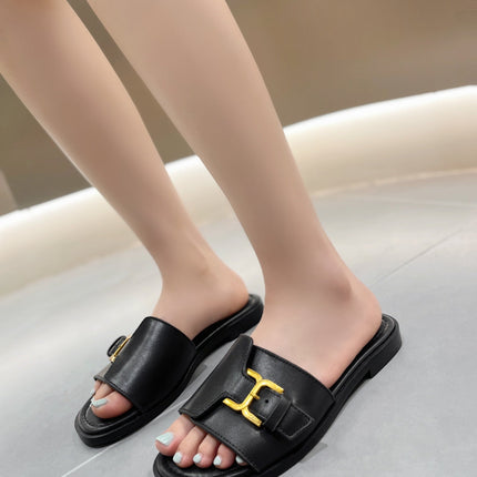 CHLOÉ HLOE MARCIE SLIDE IN BLACK CALFSKIN WITH GOLD HARDWARE