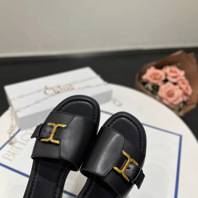 MARCIE SLIDE IN BLACK CALFSKIN WITH GOLD HARDWARE