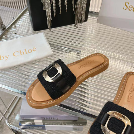CHLOÉ WOVEN SLIDE MULE IN BLACK WOOL AND BROWN LAMBSKIN GOLD HARDWARE