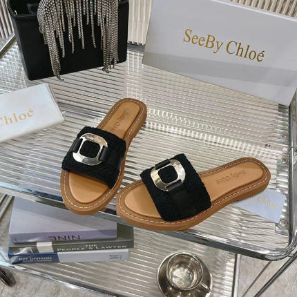 CHLOÉ WOVEN SLIDE MULE IN BLACK WOOL AND BROWN LAMBSKIN GOLD HARDWARE