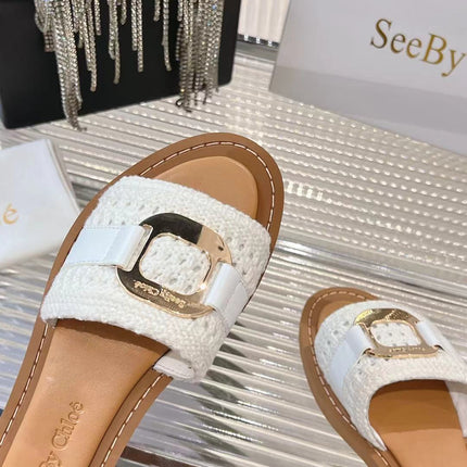 CHLOÉ WOVEN SLIDE MULE IN WHITE WOOL AND BROWN LAMBSKIN GOLD HARDWARE