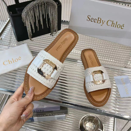 CHLOÉ WOVEN SLIDE MULE IN WHITE WOOL AND BROWN LAMBSKIN GOLD HARDWARE