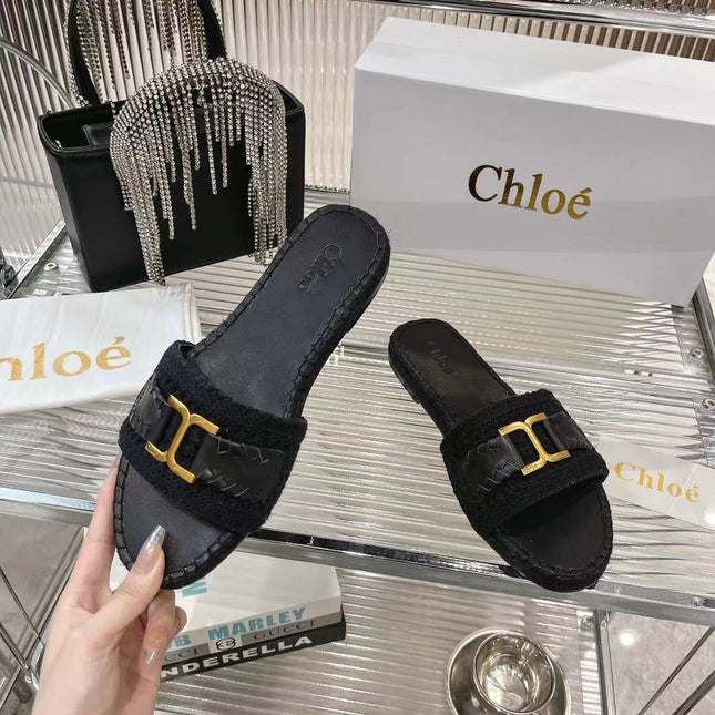 WOVEN SLIPPER IN BLACK WOOL AND LAMBSKIN GOLD HARDWARE