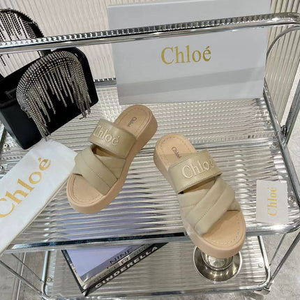 CHLOÉ MILA FLAT SLIDES 5 CM IN BEIGE EICRU CALFSKIN AND RE-NYLON