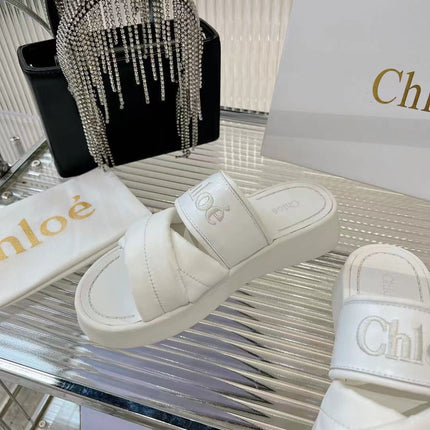 CHLOÉ MILA FLAT SLIDES 5 CM IN WHITE CALFSKIN AND RE-NYLON
