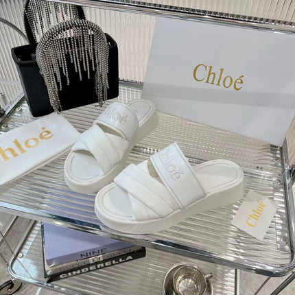 CHLOÉ MILA FLAT SLIDES 5 CM IN WHITE CALFSKIN AND RE-NYLON