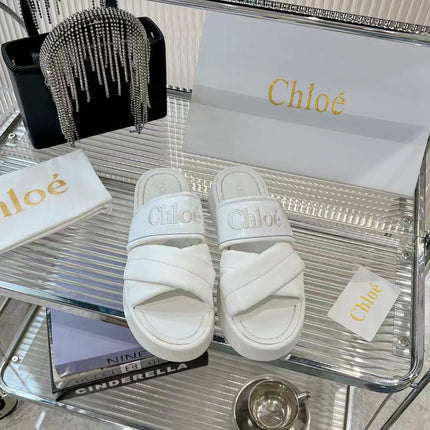 CHLOÉ MILA FLAT SLIDES 5 CM IN WHITE CALFSKIN AND RE-NYLON