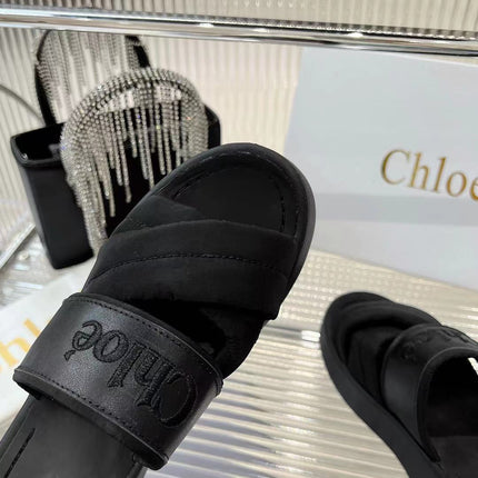CHLOÉ MILA FLAT SLIDES 5 CM IN BLACK CALFSKIN AND RE-NYLON