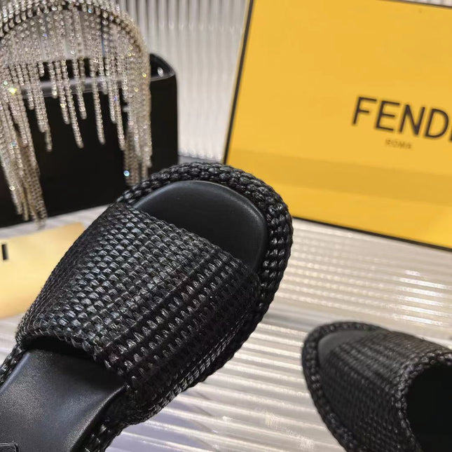 FENDI BAGUETTE SLIDES WOMEN IN BLACK RAFFIA