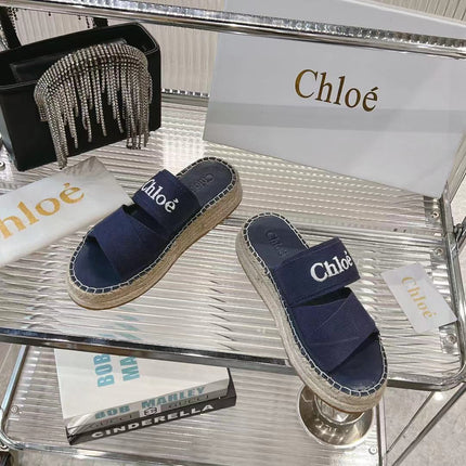 CHLOÉ MILA PLATFORM 5 CM IN NAVY BLUE FABRIC AND BEIGE RAFFIA