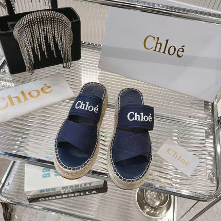 CHLOÉ MILA PLATFORM 5 CM IN NAVY BLUE FABRIC AND BEIGE RAFFIA