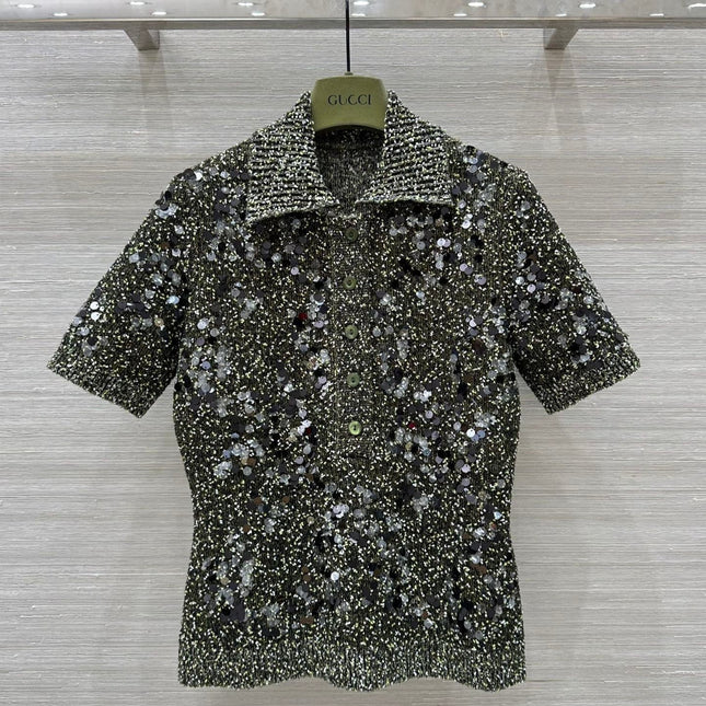 Gucci Knitted Polo Short-sleeved Top Green Wool