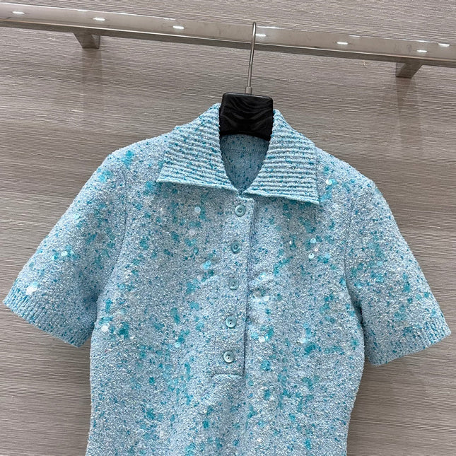 Gucci Knitted Polo Short-sleeved Top Blue Wool