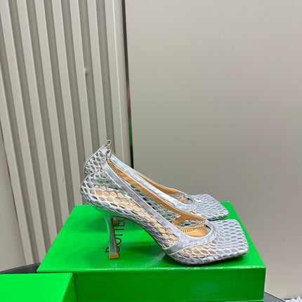 HIGH PUMP 9 CM IN SILVER METALLIZE MESH AND LEATHER