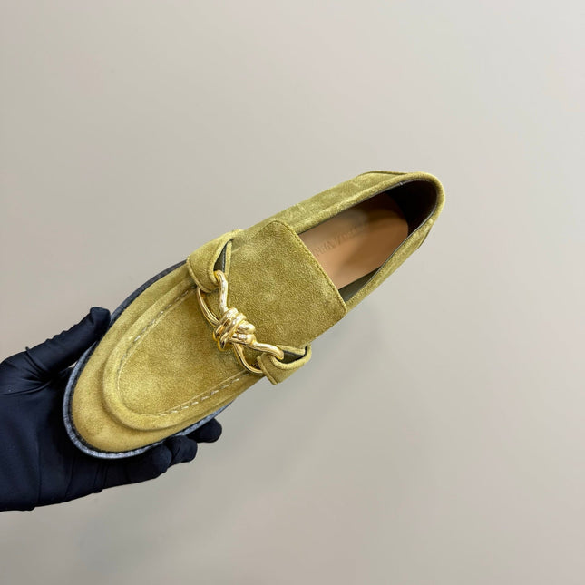 ASTAIRE LOAFER IN OLIVE GREEN SUEDE WITH GOLD HARDWARE