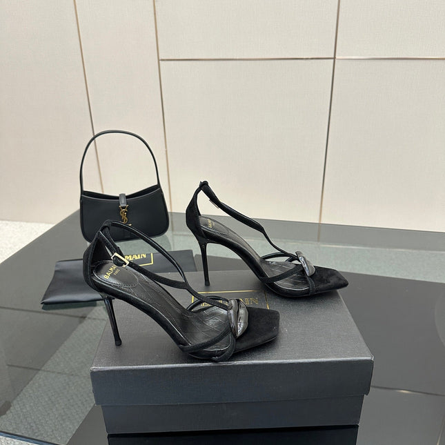 BALMAIN 25S LIPS SANDALS 10 IN BLACK SUEDE