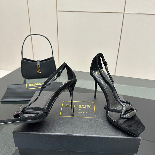 BALMAIN 25S LIPS SANDALS 10 IN BLACK SUEDE
