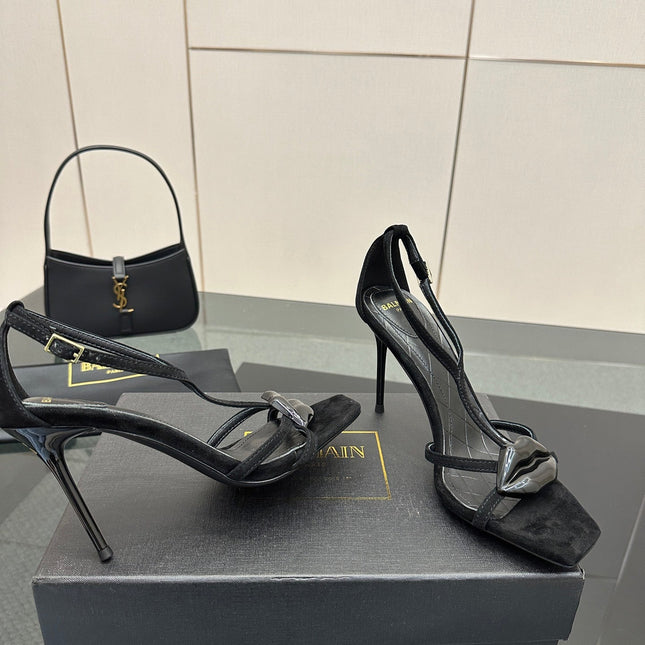 BALMAIN 25S LIPS SANDALS 10 IN BLACK SUEDE