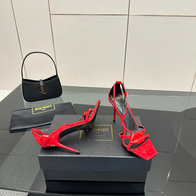 BALMAIN 25S LIPS SANDALS 10 IN CRIMSON RED SUEDE