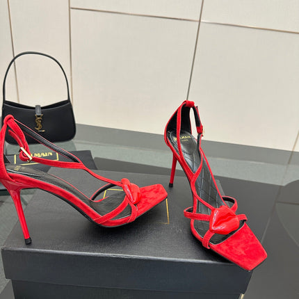 BALMAIN 25S LIPS SANDALS 10 IN CRIMSON RED SUEDE